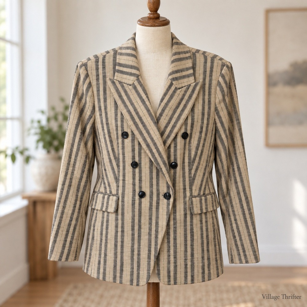 Banana Republic Blazer Womens 18 Beige Striped Double Breasted Coastal Preppy